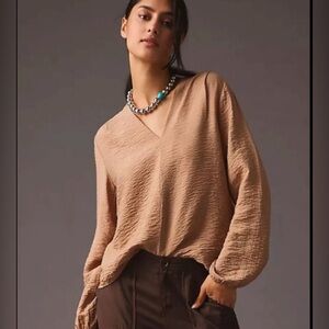 Anthropologie - Self Contrast Crinkle Blouse in Beige